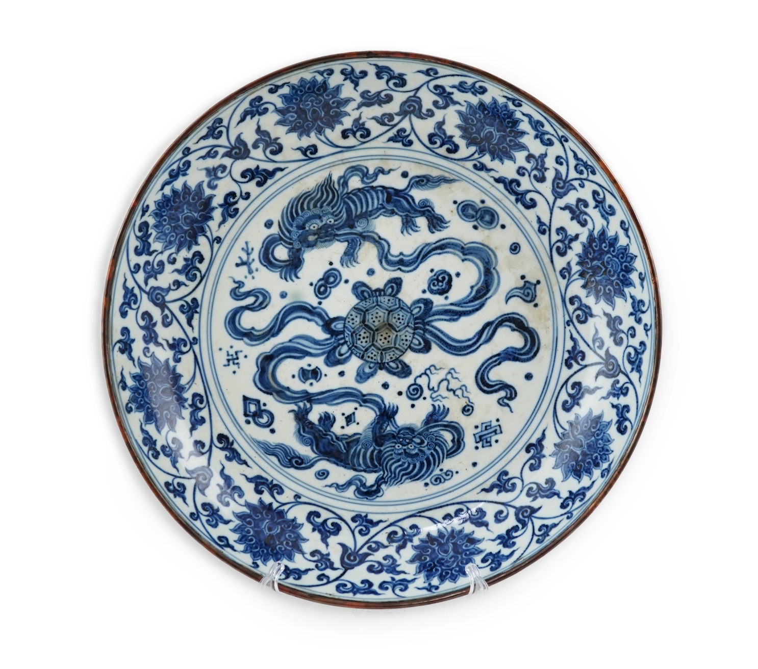 A Chinese blue and white 'Buddhist lions' dish, Ming Dynasty or later